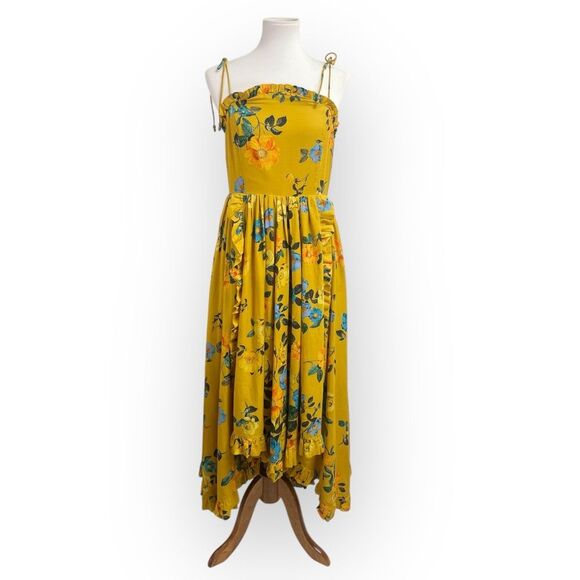 Anthropologie Maeve Midi Maxi High-Low Ruffle Dress, gold yellow Floral sundress - Picture 5 of 15